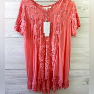 Women’s Floral Embroidered Tunic Blouse, Shell Pink, Size L